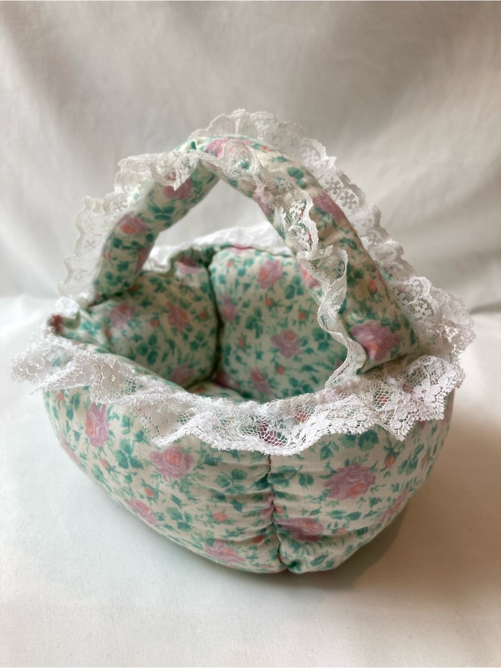 Vintage Quilted Cloth Basket Grandma Handmade Lace Cottagecore Granny 80s 90s